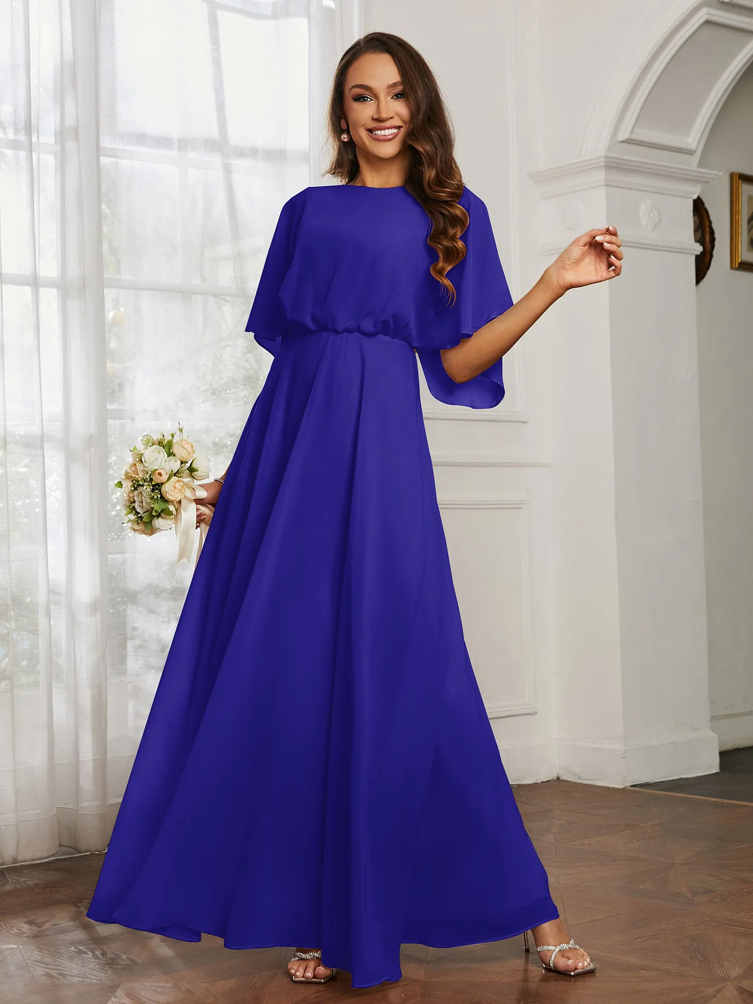 Flutter Sleeves Long Chiffon Bridesmaid Dresses-Royal Blue