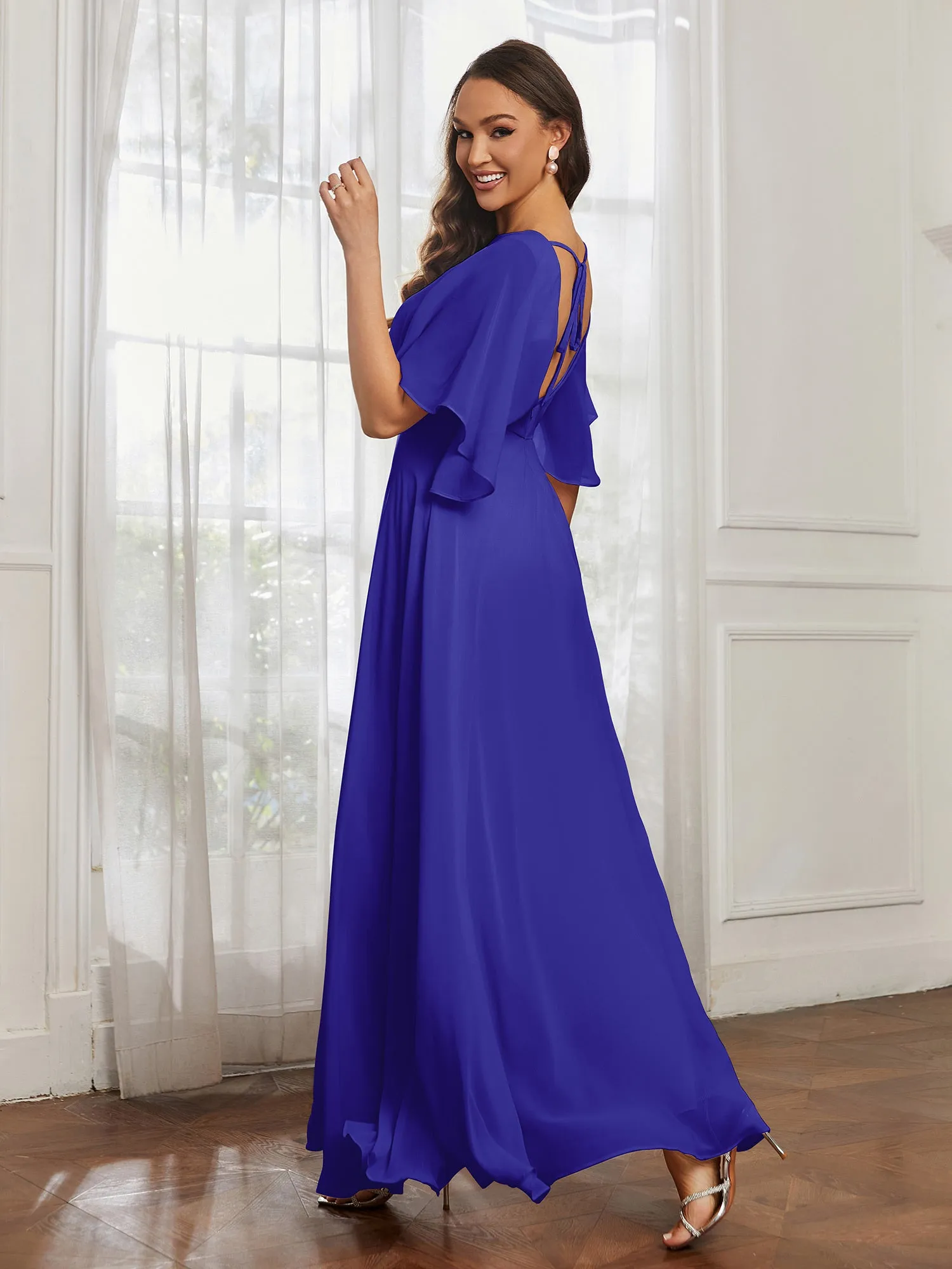 Flutter Sleeves Long Chiffon Bridesmaid Dresses-Royal Blue