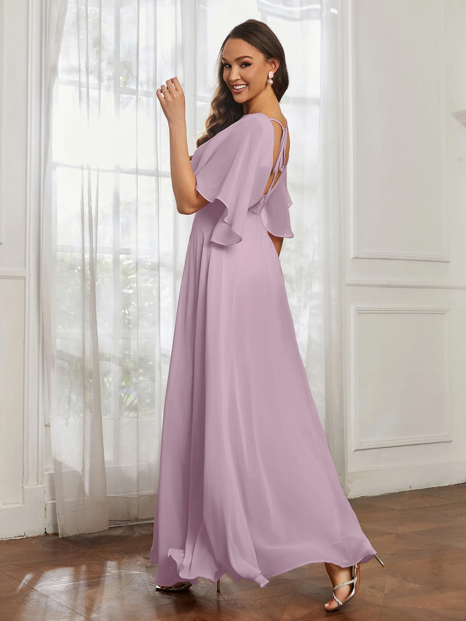 Flutter Sleeves Long Chiffon Bridesmaid Dresses-Vintage Mauve