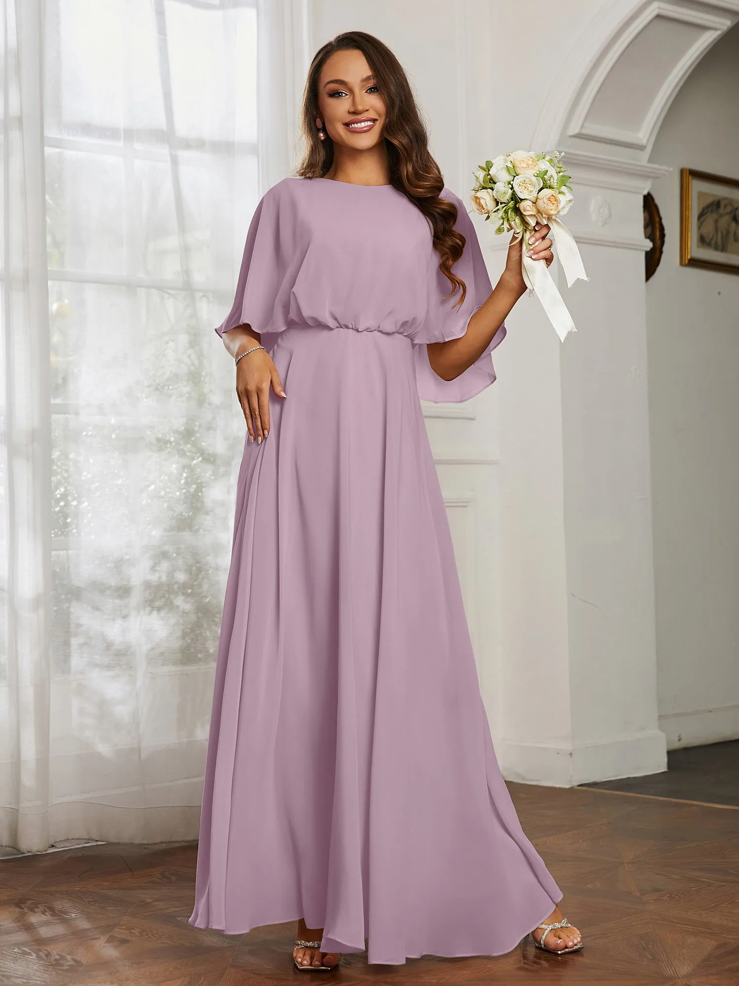 Flutter Sleeves Long Chiffon Bridesmaid Dresses-Vintage Mauve