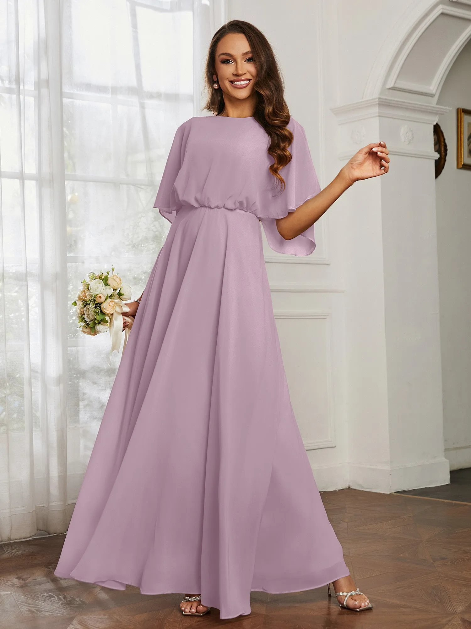 Flutter Sleeves Long Chiffon Bridesmaid Dresses-Vintage Mauve