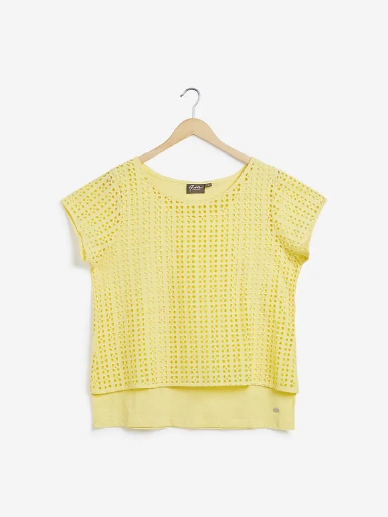 Gia Curves Yellow Lee Cutout Pattern Top