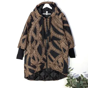 'Givenchy' random stripe style print padded hooded hi-lo jacket with deep cuffs and pockets