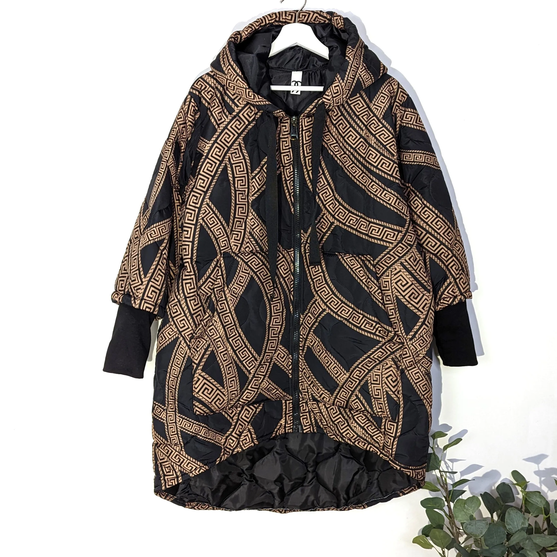 'Givenchy' random stripe style print padded hooded hi-lo jacket with deep cuffs and pockets