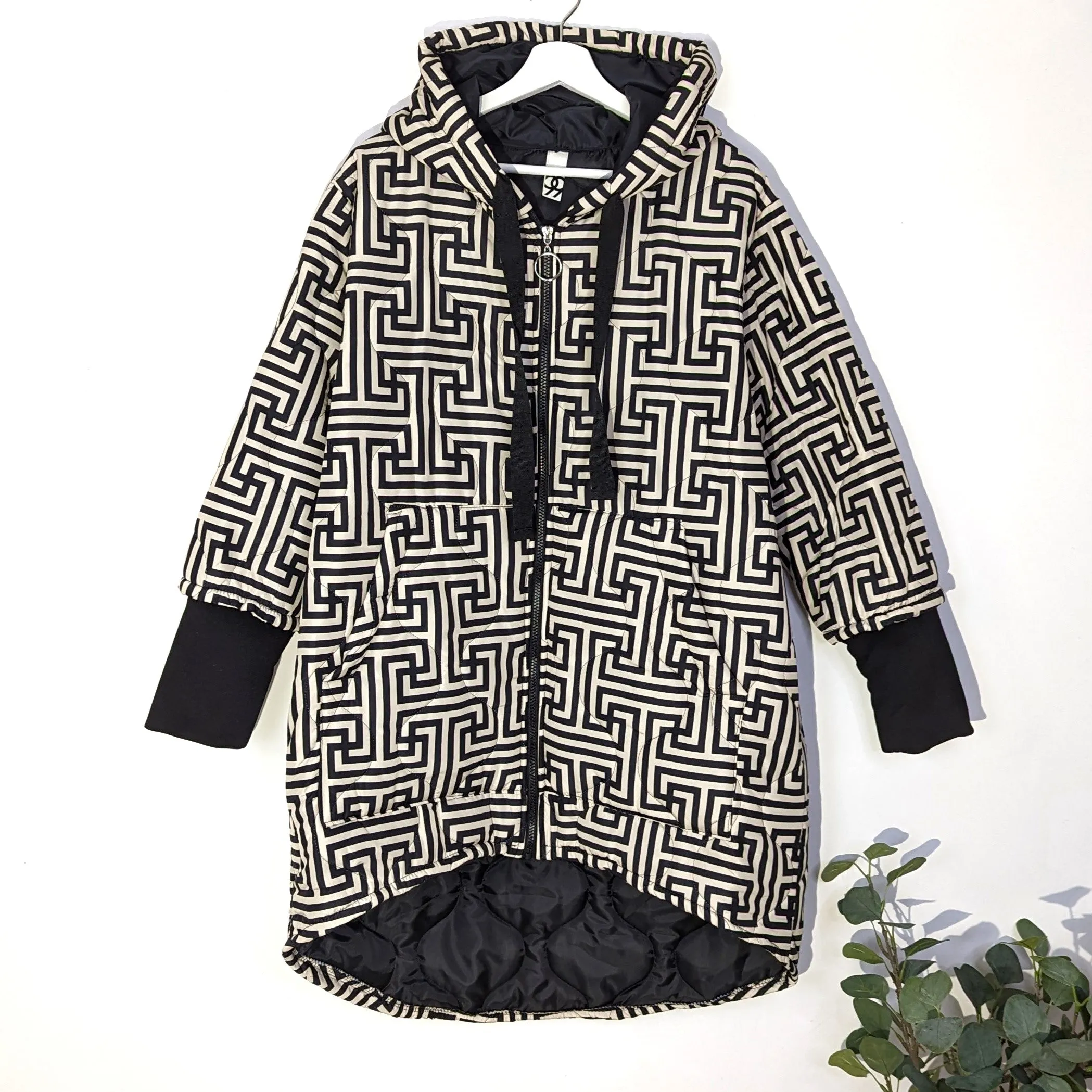 'Givenchy' style print hi-lo hooded padded jackets with deep cuffs and pockets