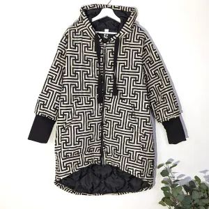 'Givenchy' style print hi-lo hooded padded jackets with deep cuffs and pockets