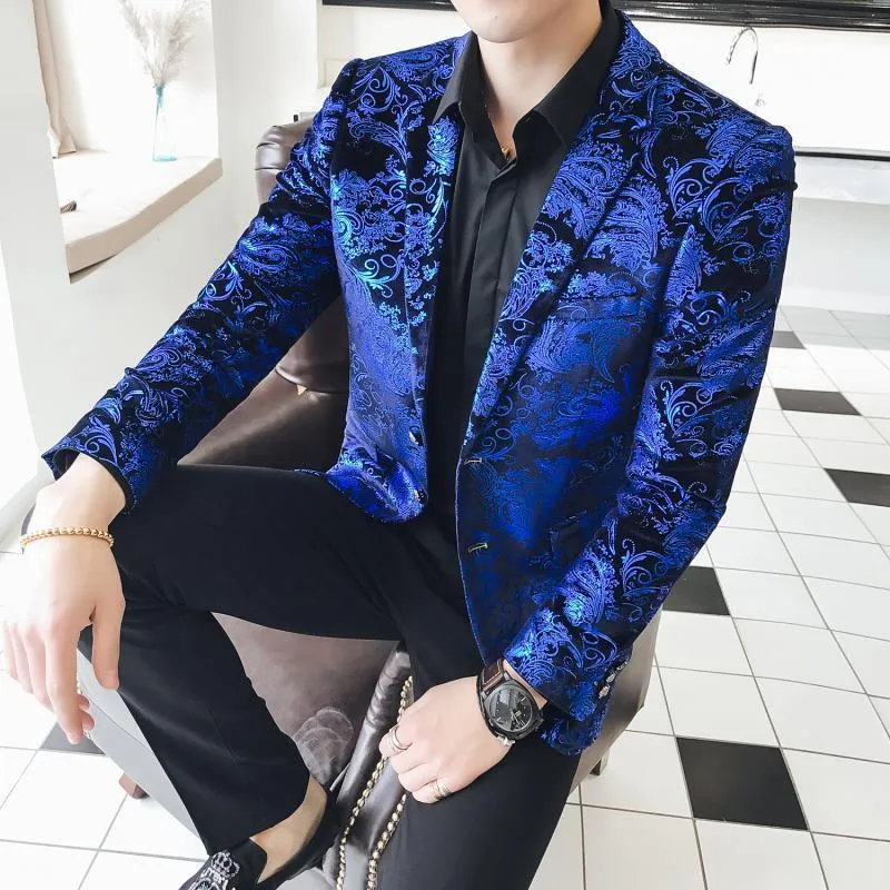 Glowing Blue Paisley Velvet Men Blazer