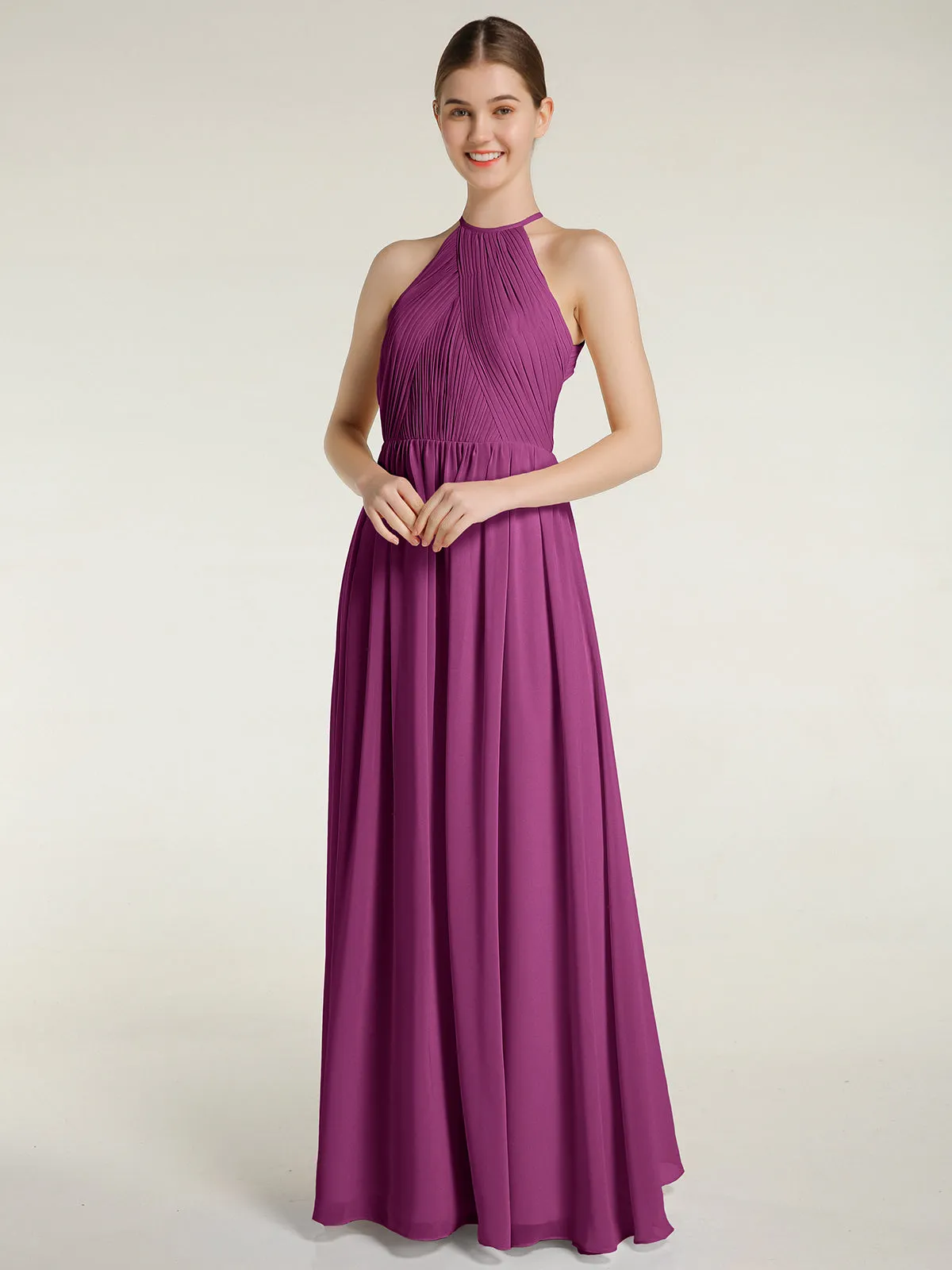 Halter Chiffon Dresses with Pleated Bodice Orchid