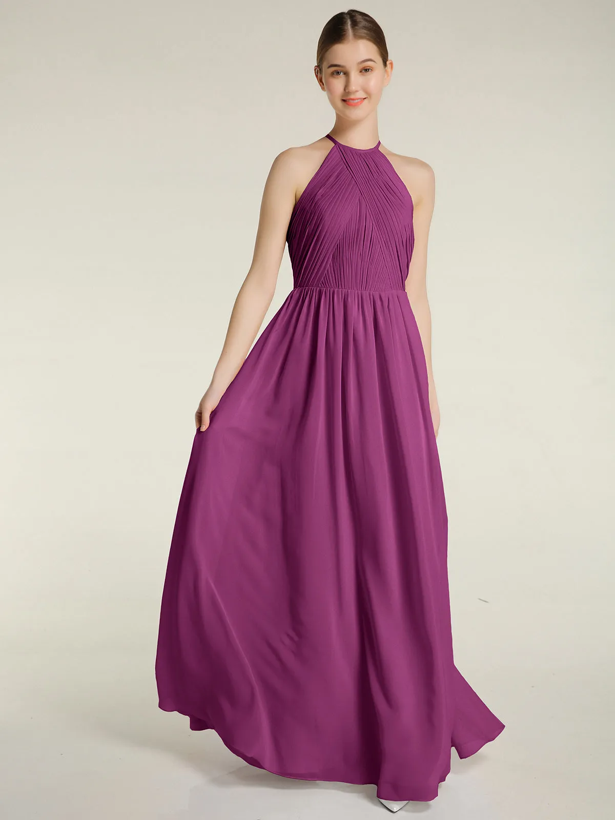 Halter Chiffon Dresses with Pleated Bodice Orchid