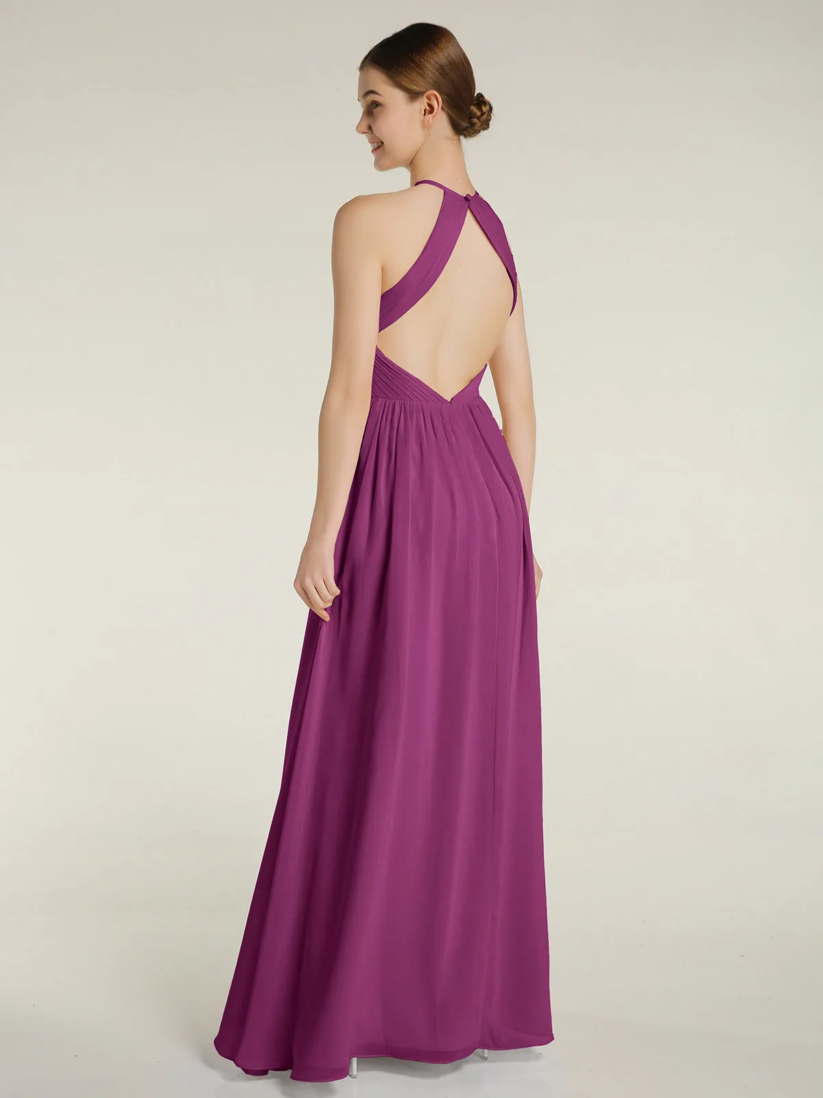 Halter Chiffon Dresses with Pleated Bodice Orchid