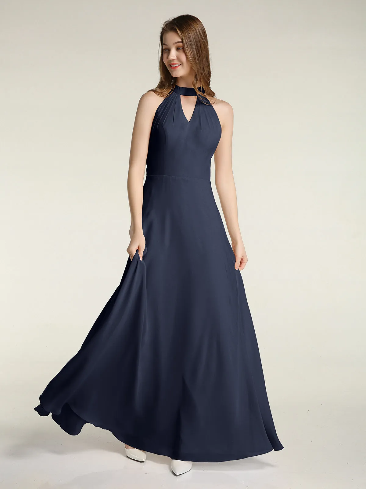 Halter Chiffon Long Bridesmaid Gowns with Low Back-Dark Navy Plus Size