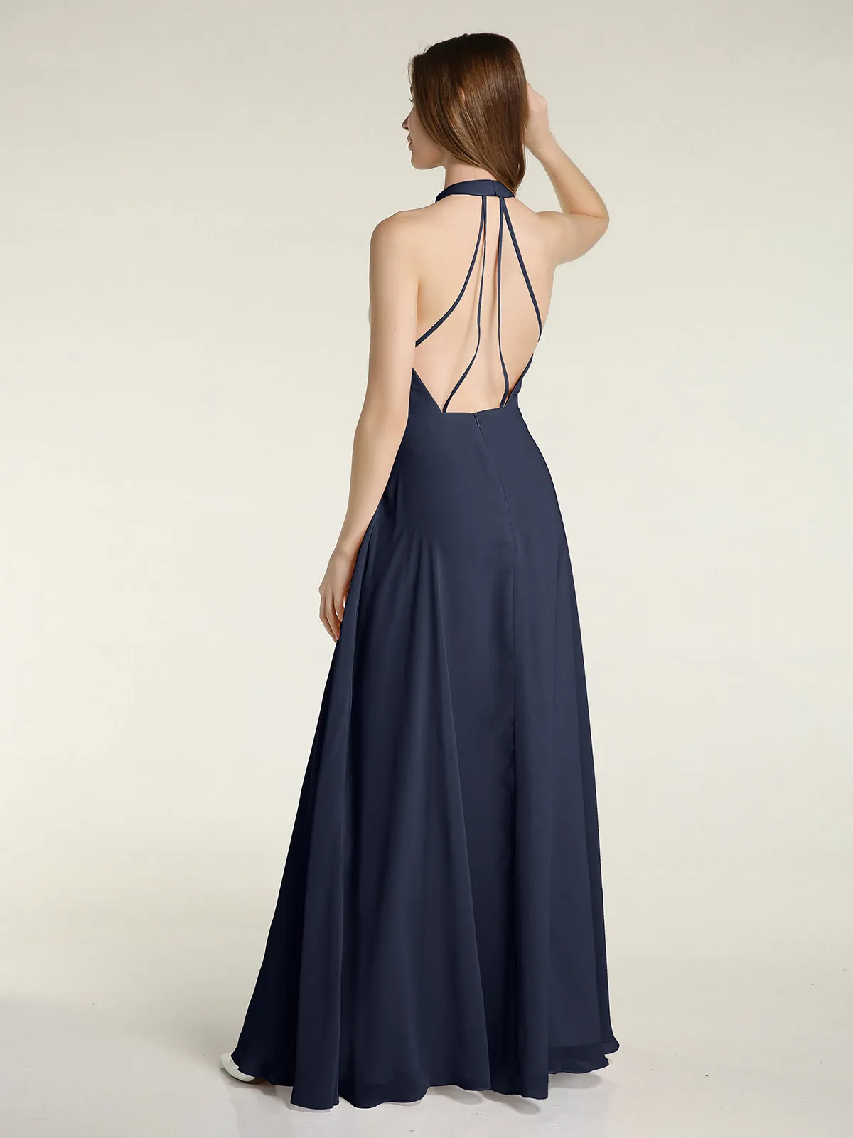 Halter Chiffon Long Bridesmaid Gowns with Low Back-Dark Navy Plus Size