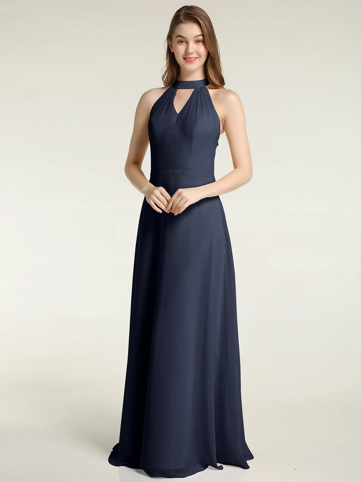 Halter Chiffon Long Bridesmaid Gowns with Low Back-Dark Navy Plus Size