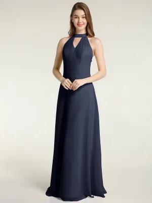 Halter Chiffon Long Bridesmaid Gowns with Low Back-Dark Navy Plus Size