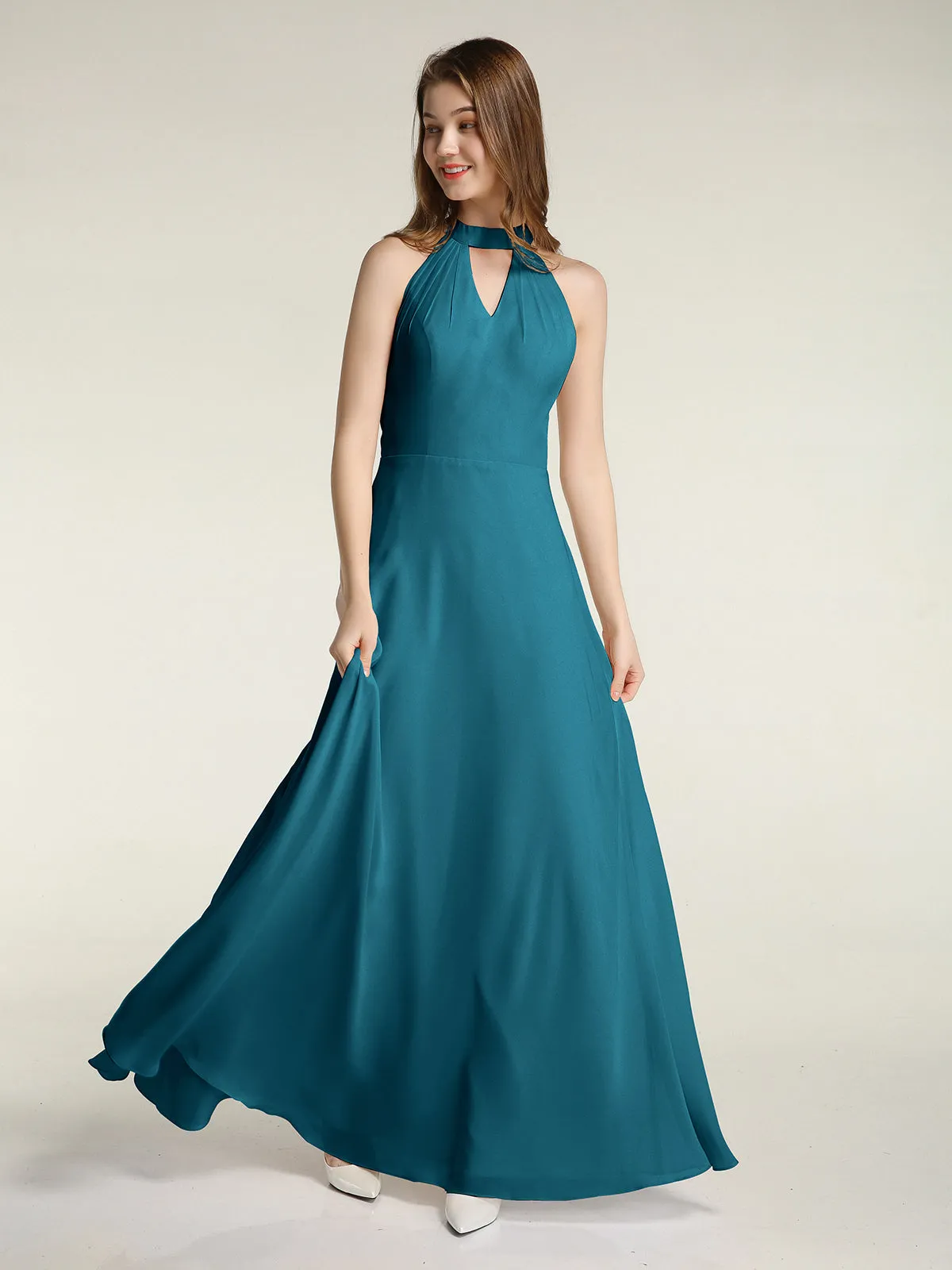 Halter Chiffon Long Bridesmaid Gowns with Low Back-Ink Blue Plus Size