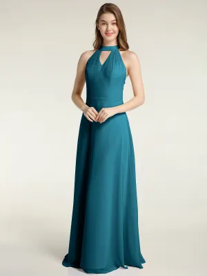 Halter Chiffon Long Bridesmaid Gowns with Low Back-Ink Blue Plus Size