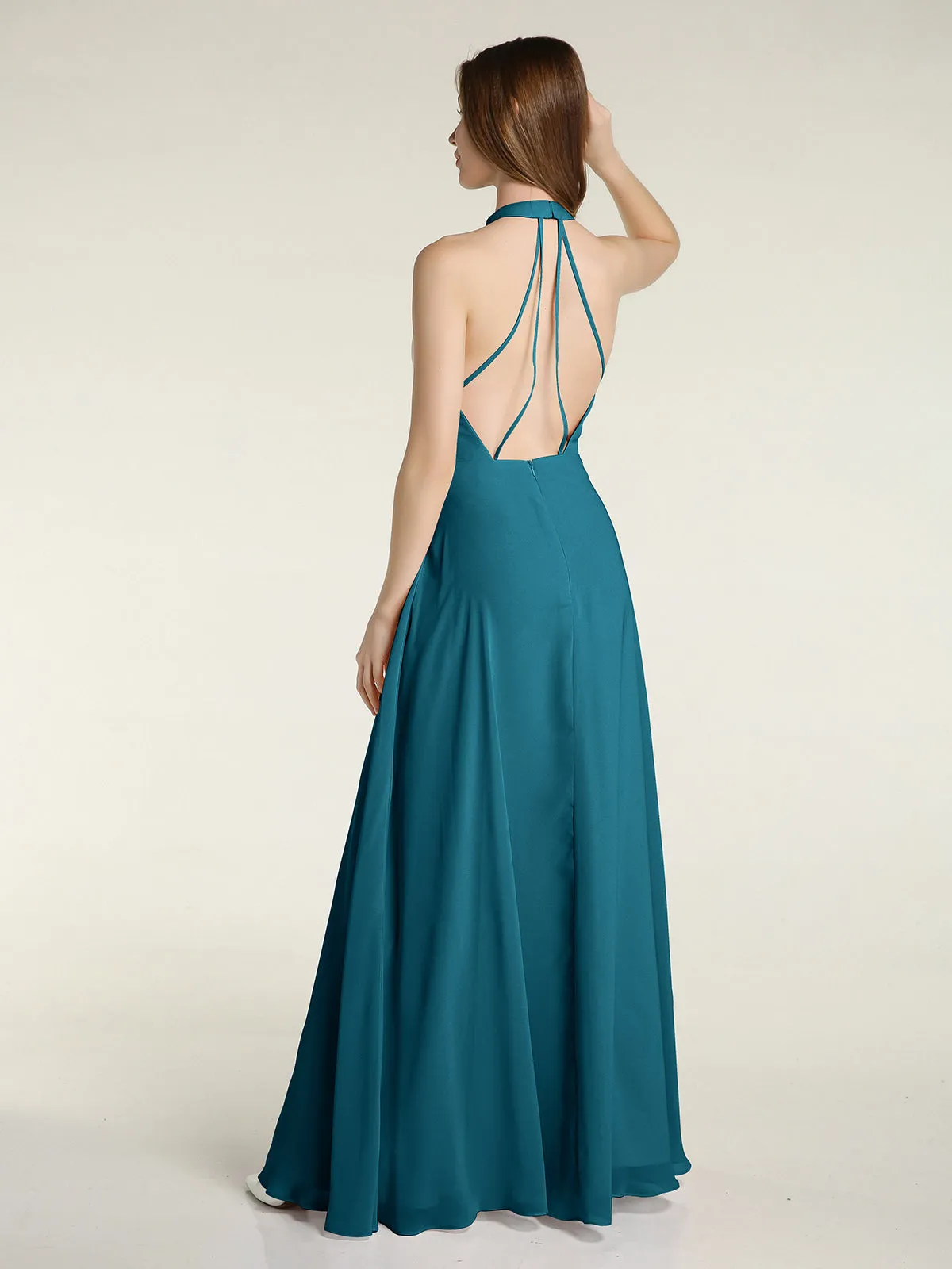 Halter Chiffon Long Bridesmaid Gowns with Low Back-Ink Blue Plus Size