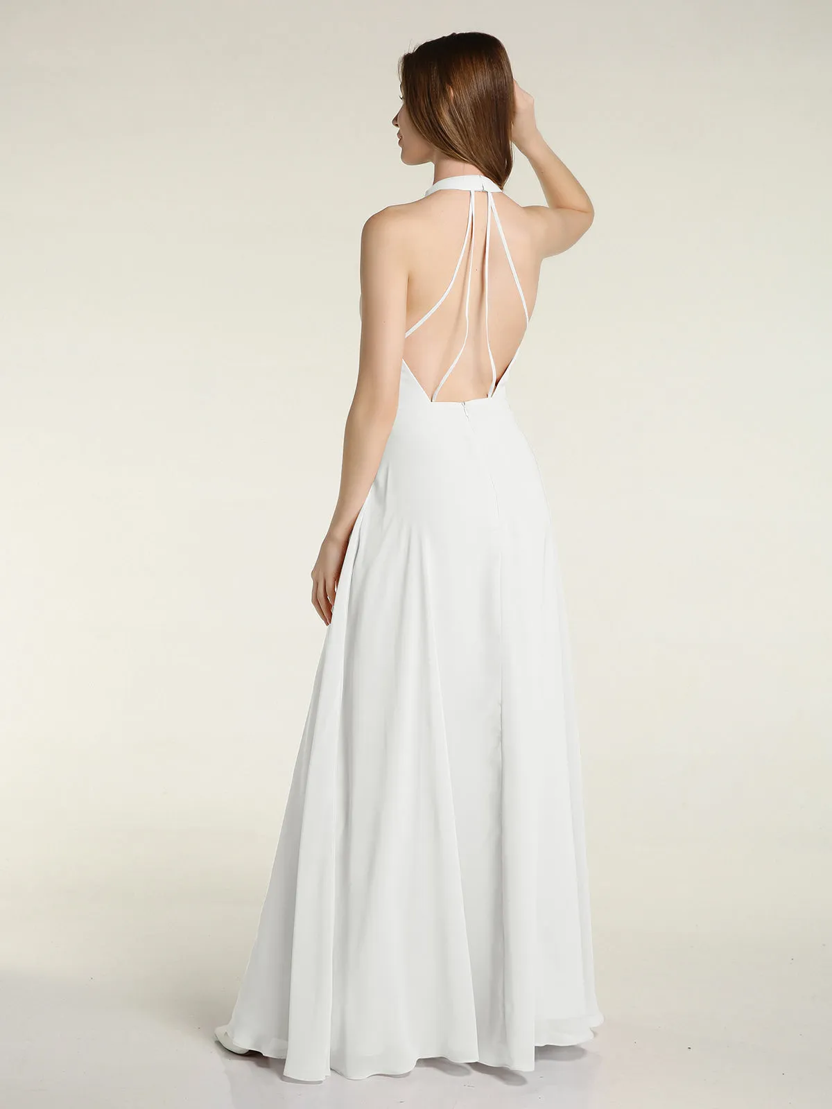 Halter Chiffon Long Bridesmaid Gowns with Low Back-Ivory