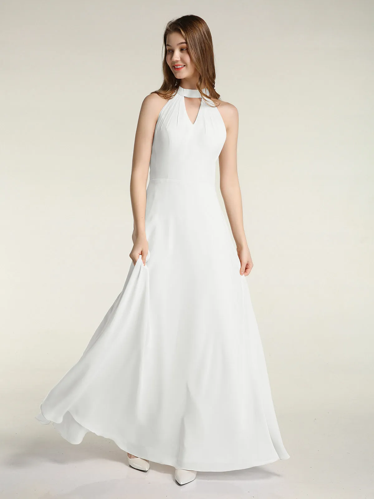 Halter Chiffon Long Bridesmaid Gowns with Low Back-Ivory