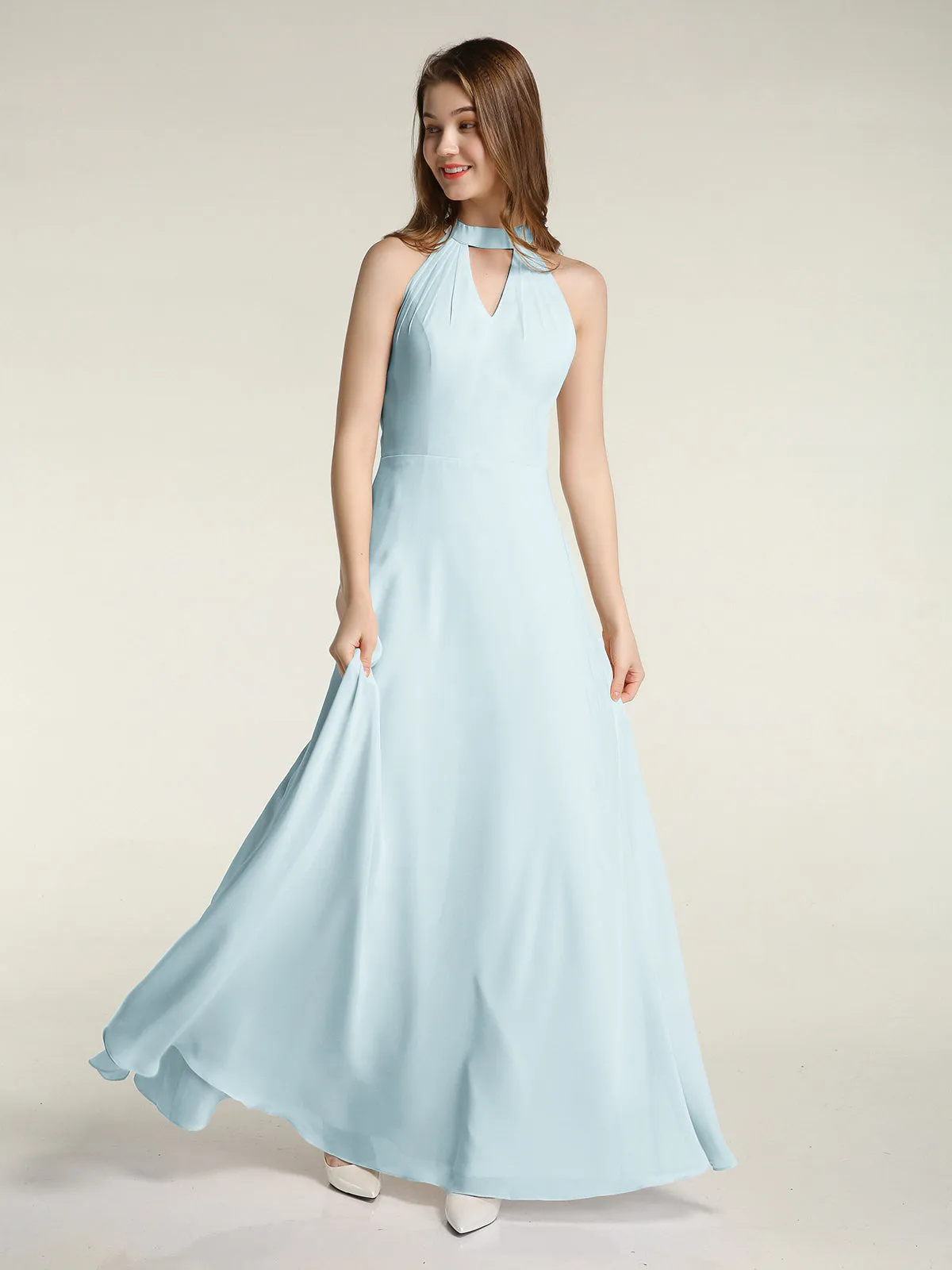 Halter Chiffon Long Bridesmaid Gowns with Low Back-Mist