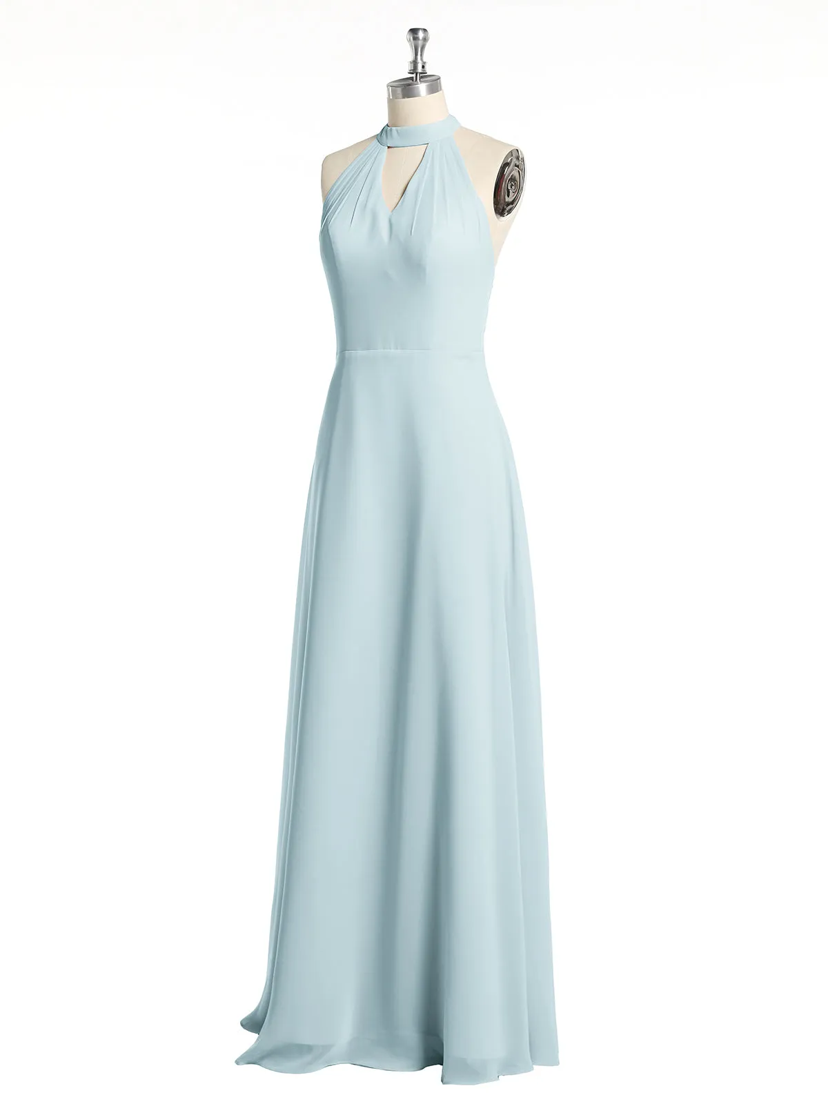 Halter Chiffon Long Bridesmaid Gowns with Low Back-Mist