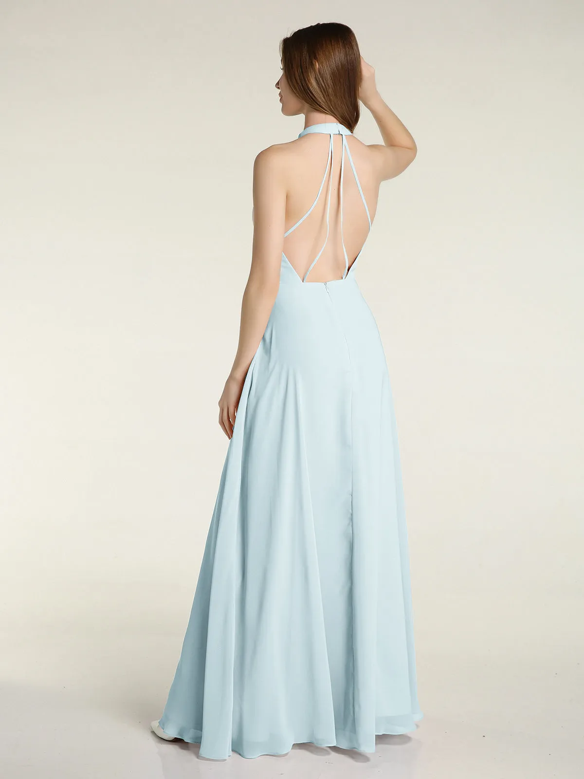 Halter Chiffon Long Bridesmaid Gowns with Low Back-Mist