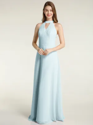 Halter Chiffon Long Bridesmaid Gowns with Low Back-Mist