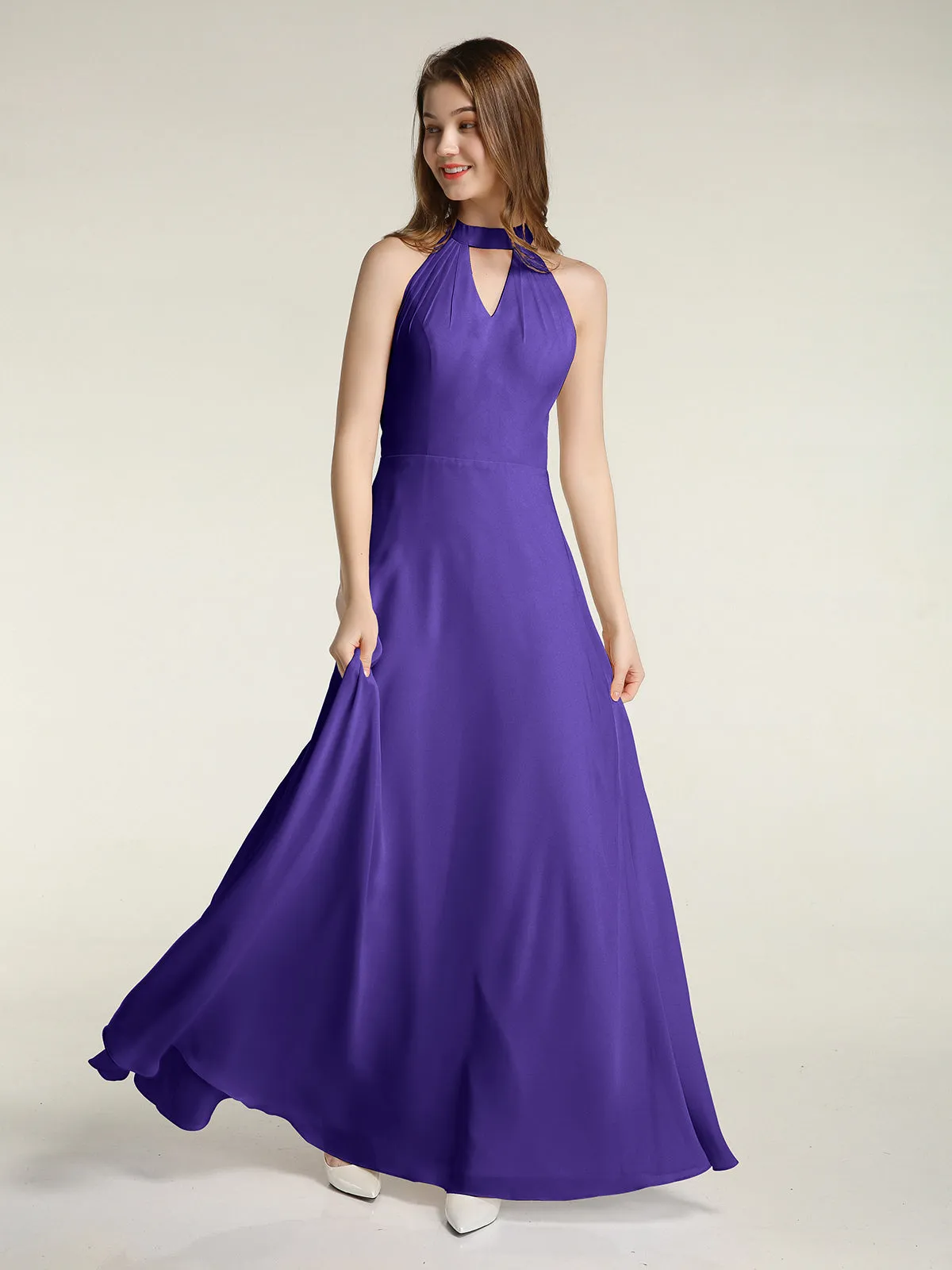 Halter Chiffon Long Bridesmaid Gowns with Low Back-Regency