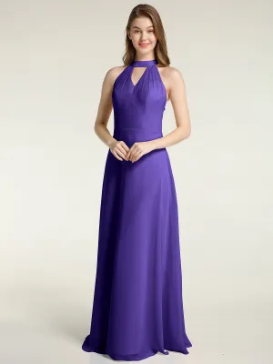 Halter Chiffon Long Bridesmaid Gowns with Low Back-Regency