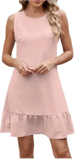 hlysgo Mini Dresses for Women 2025 Summer Sleeveless Crew Neck Beach Dress Casual Loose Fit Ruffled Hem Coverup Sundress