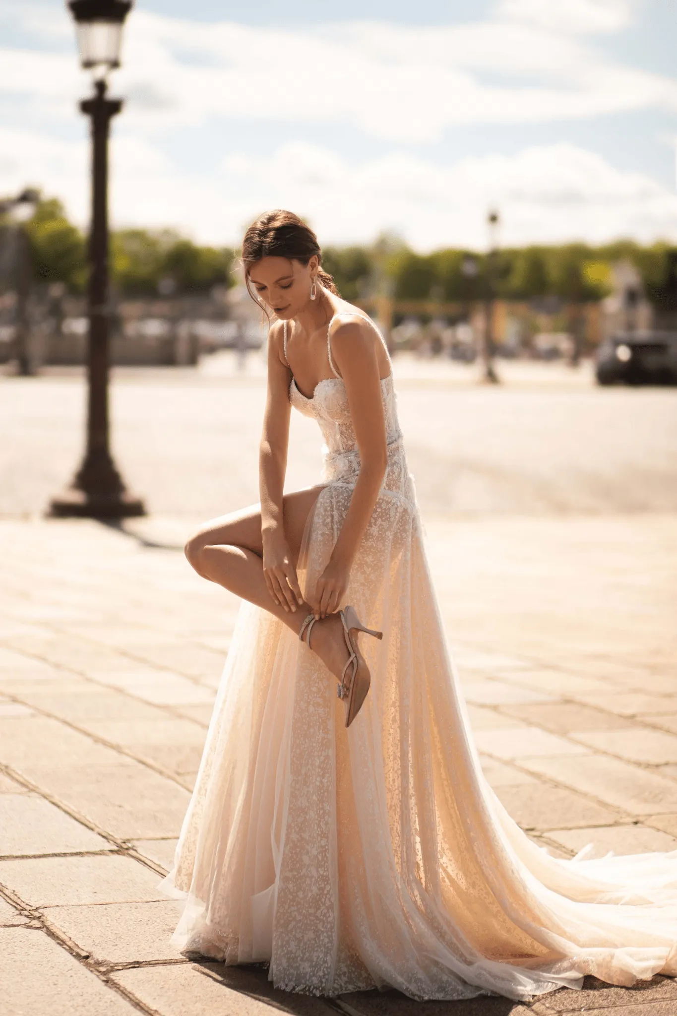 Ivory Aline Wedding Dress with Lace - Sweetheart Neckline Wedding Dress with High Slit and Tulle Skirt Plus Size