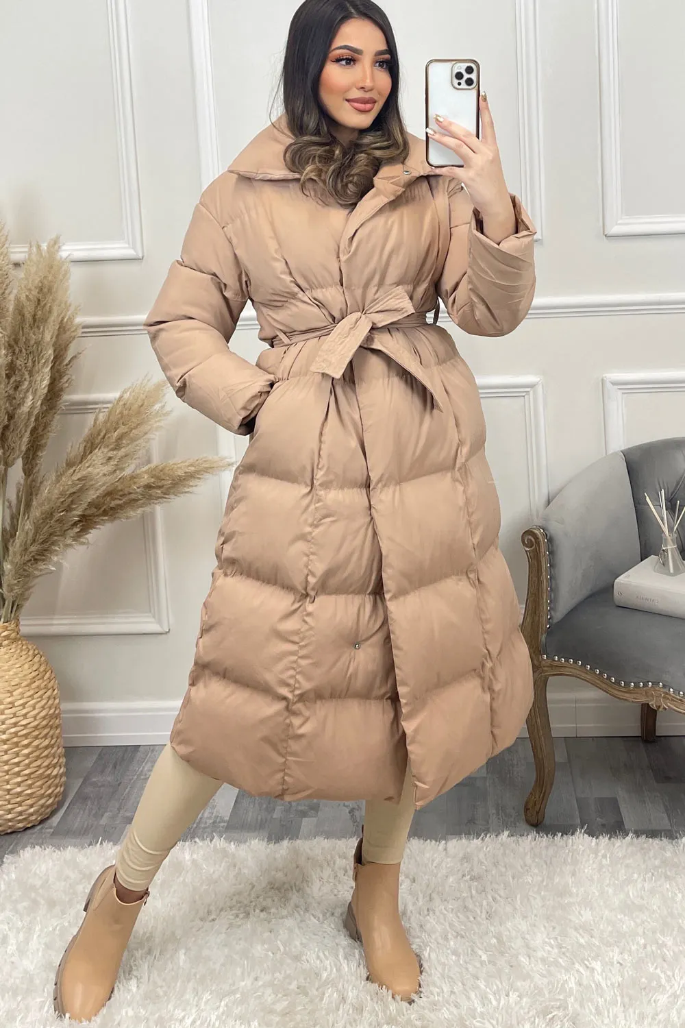 Jazz Camel Padded High Neck Belted Longline Coat