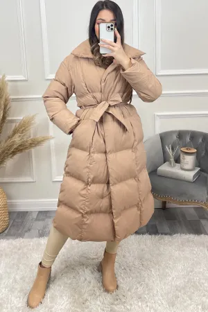 Jazz Camel Padded High Neck Belted Longline Coat