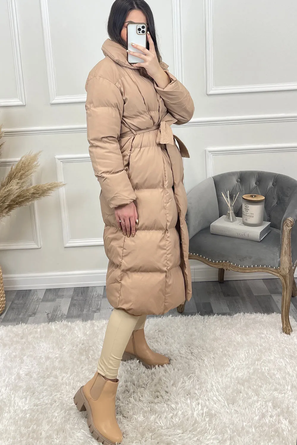 Jazz Camel Padded High Neck Belted Longline Coat