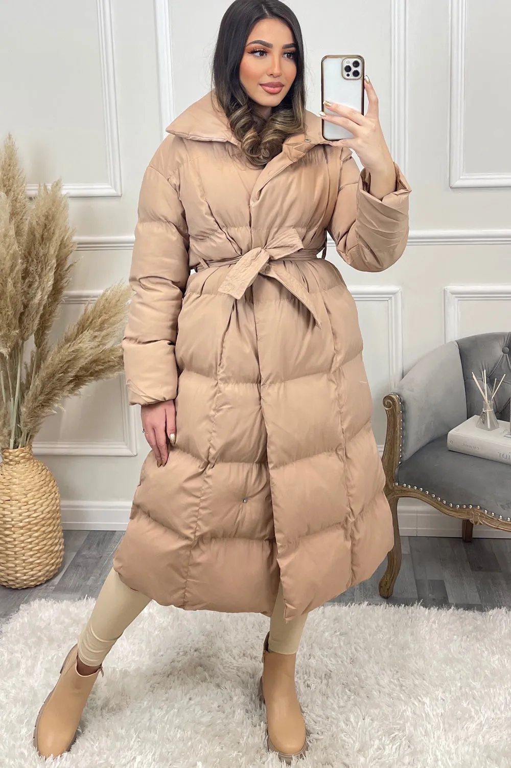 Jazz Camel Padded High Neck Belted Longline Coat