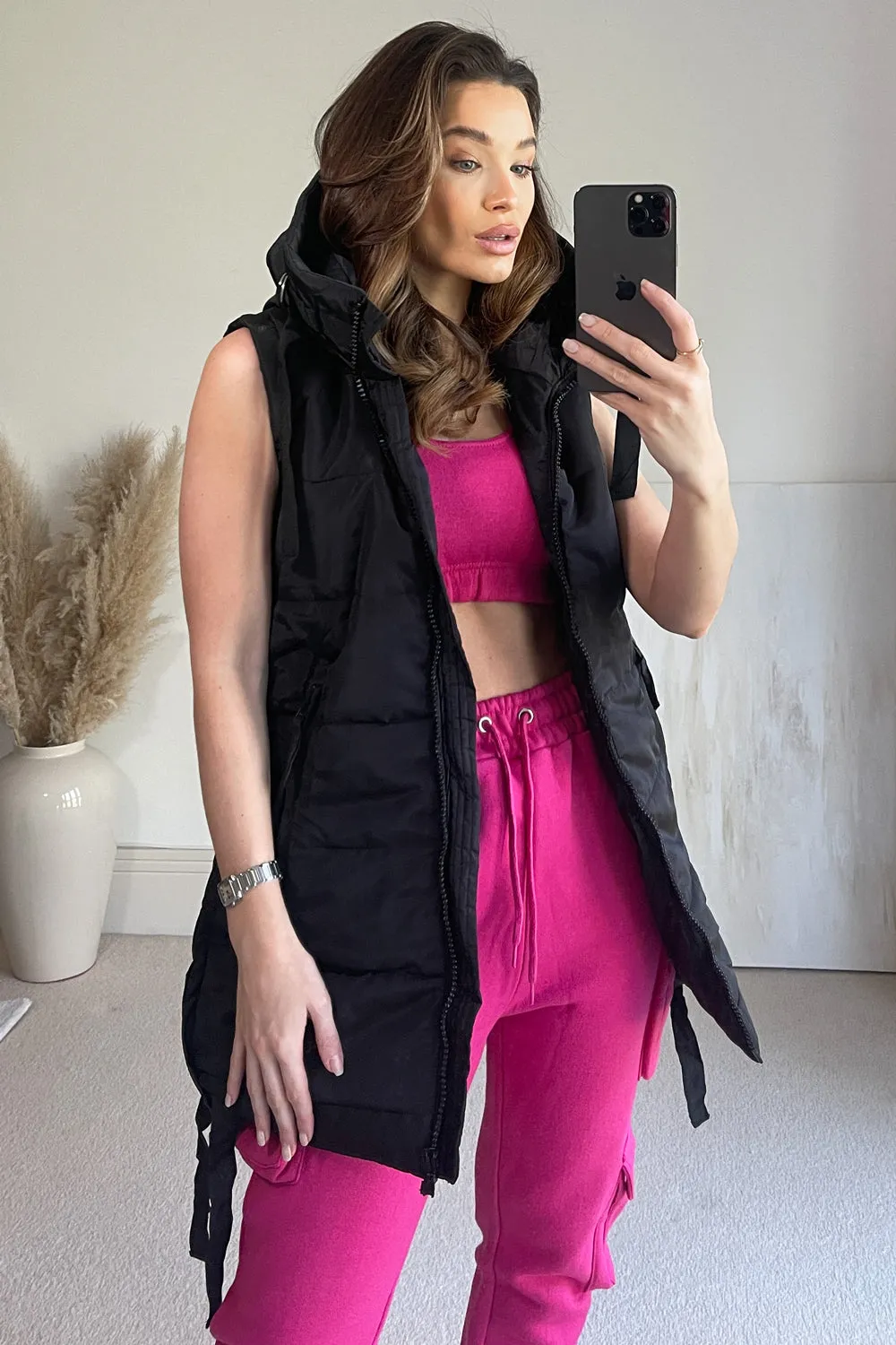 Jodie Black Padded Longline Zip Up Hooded Gilet
