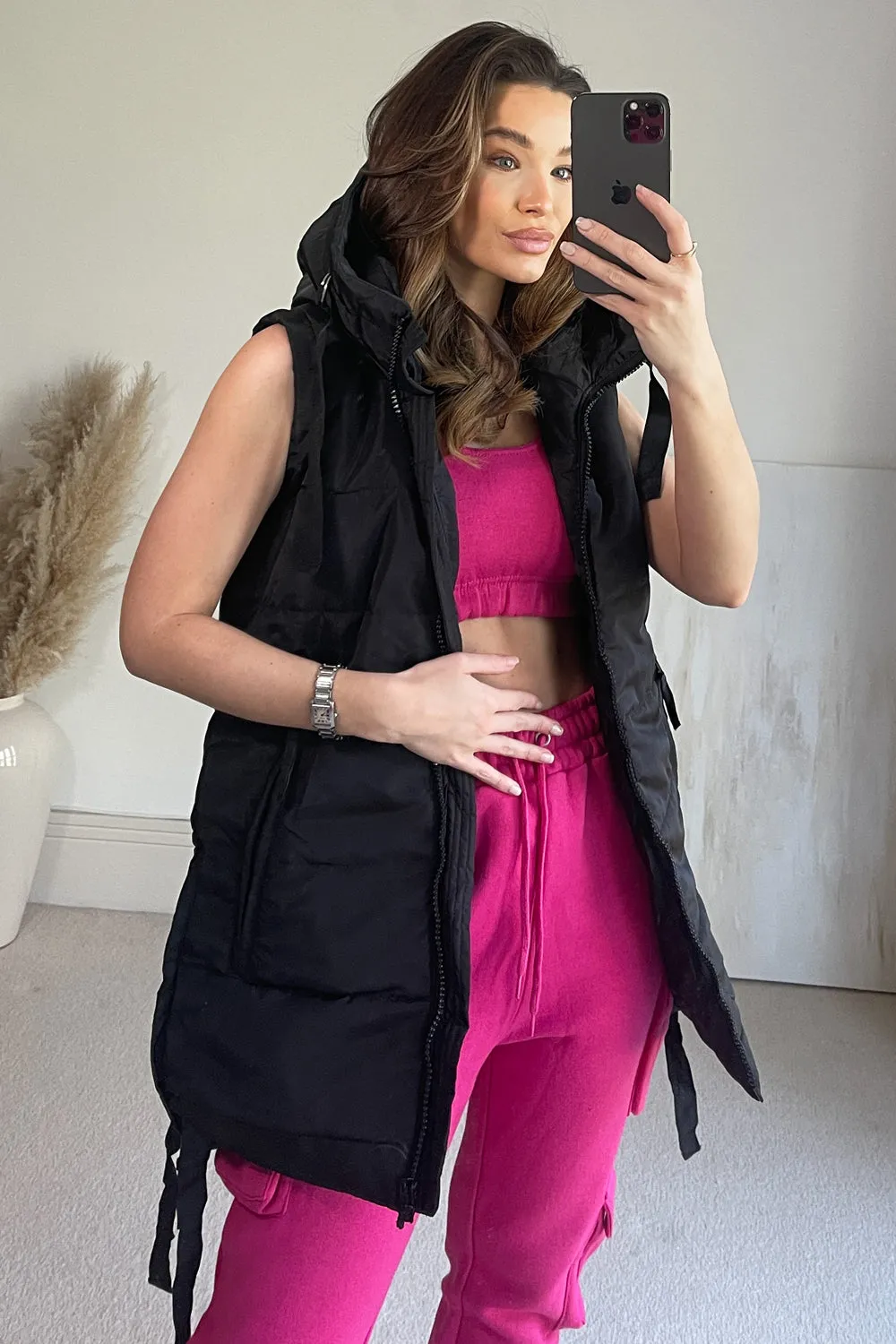 Jodie Black Padded Longline Zip Up Hooded Gilet