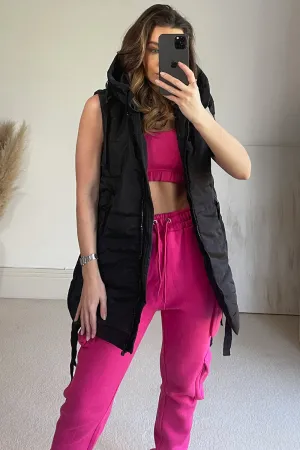 Jodie Black Padded Longline Zip Up Hooded Gilet