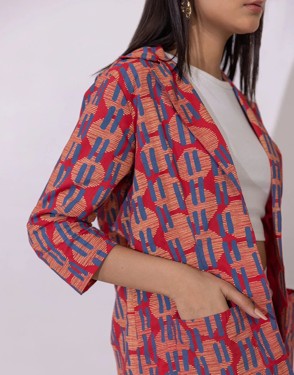 Leela Blazer jacket in red geometric motif print