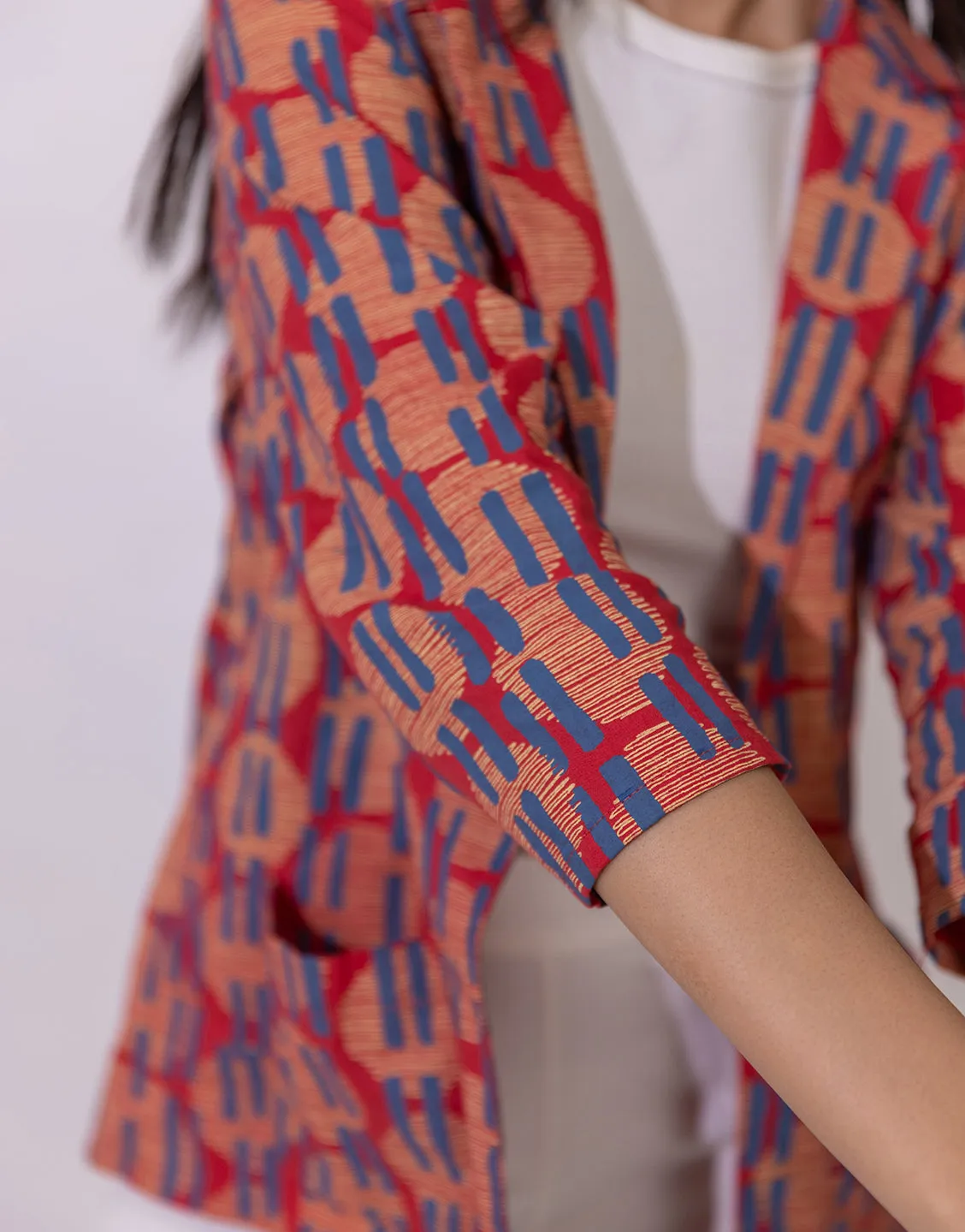 Leela Blazer jacket in red geometric motif print