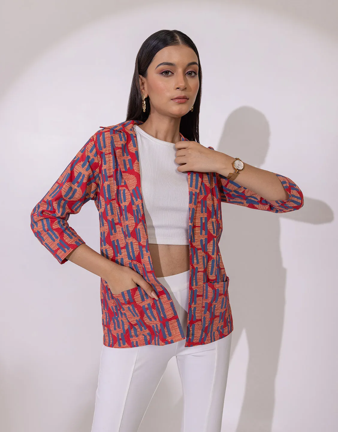 Leela Blazer jacket in red geometric motif print