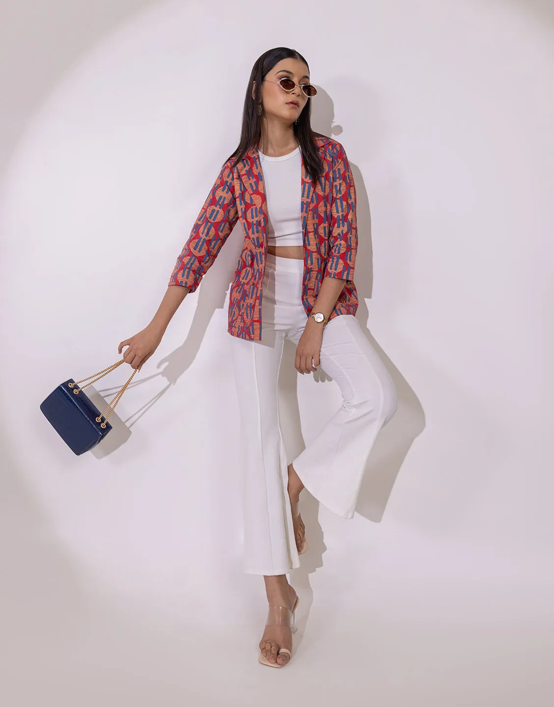 Leela Blazer jacket in red geometric motif print
