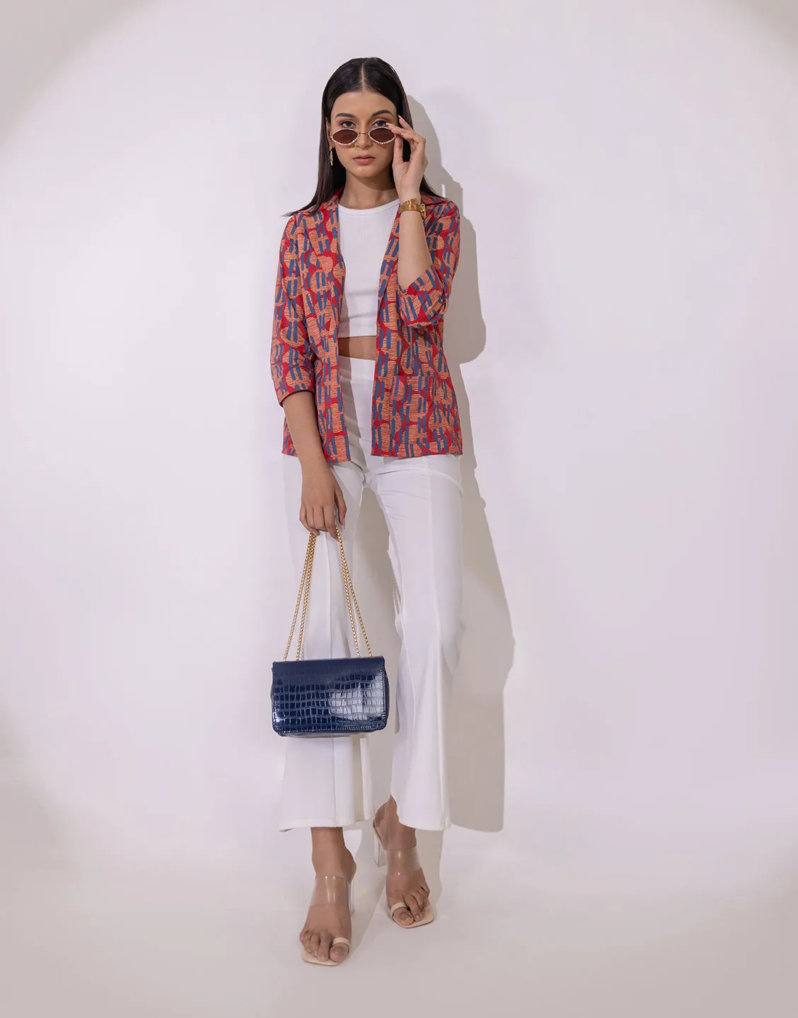 Leela Blazer jacket in red geometric motif print