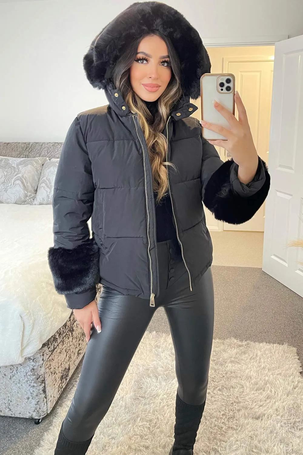 Leslee Black Padded Faux Fur Trim Coat
