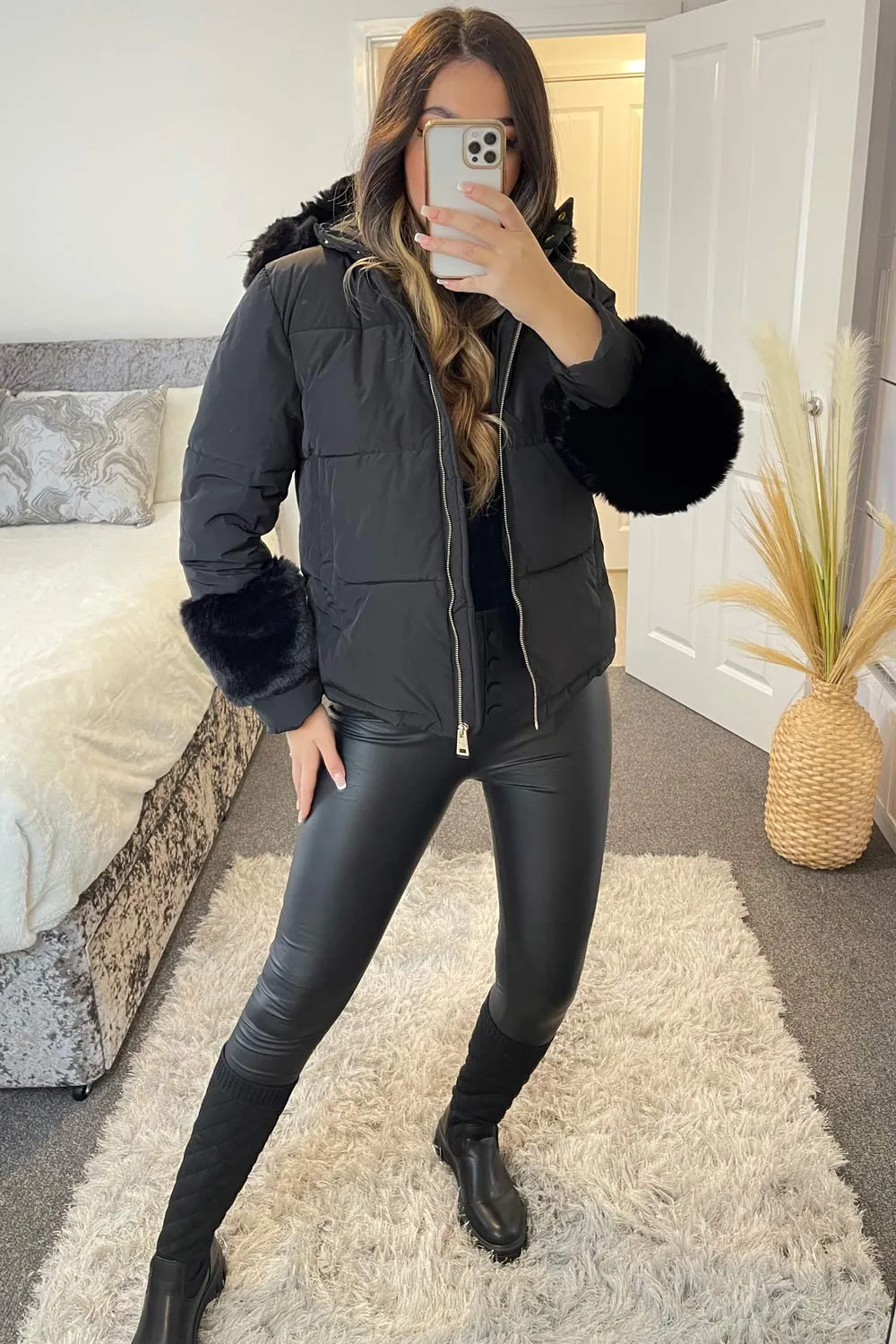 Leslee Black Padded Faux Fur Trim Coat