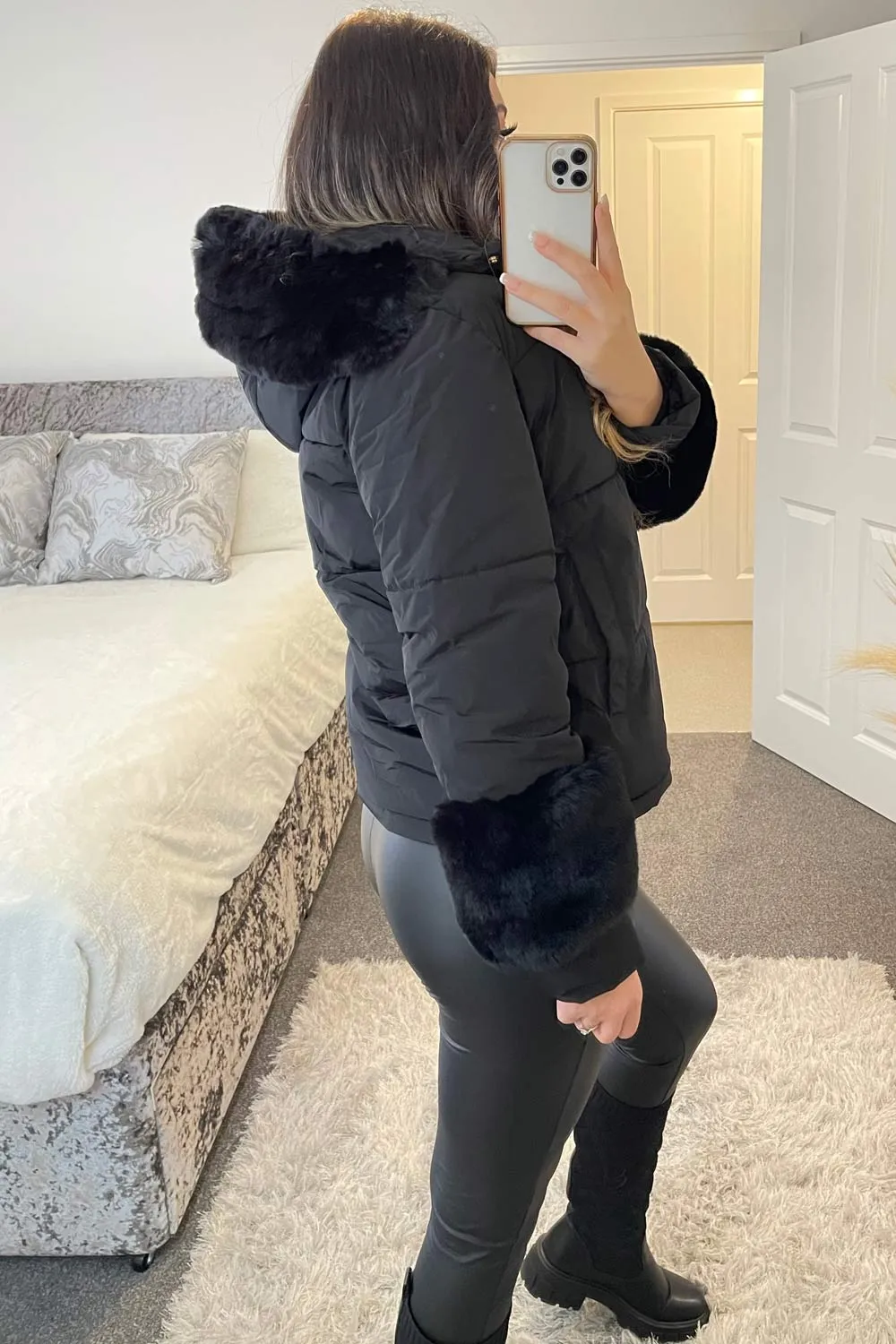 Leslee Black Padded Faux Fur Trim Coat