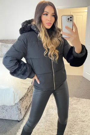 Leslee Black Padded Faux Fur Trim Coat