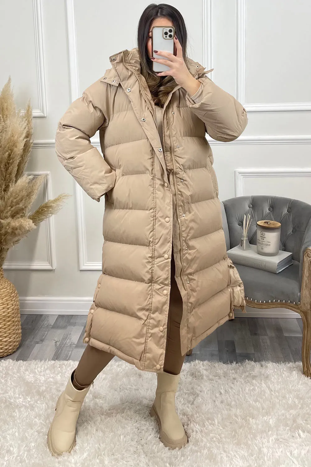 Lollie Beige Padded Button Up Hooded Longline Coat
