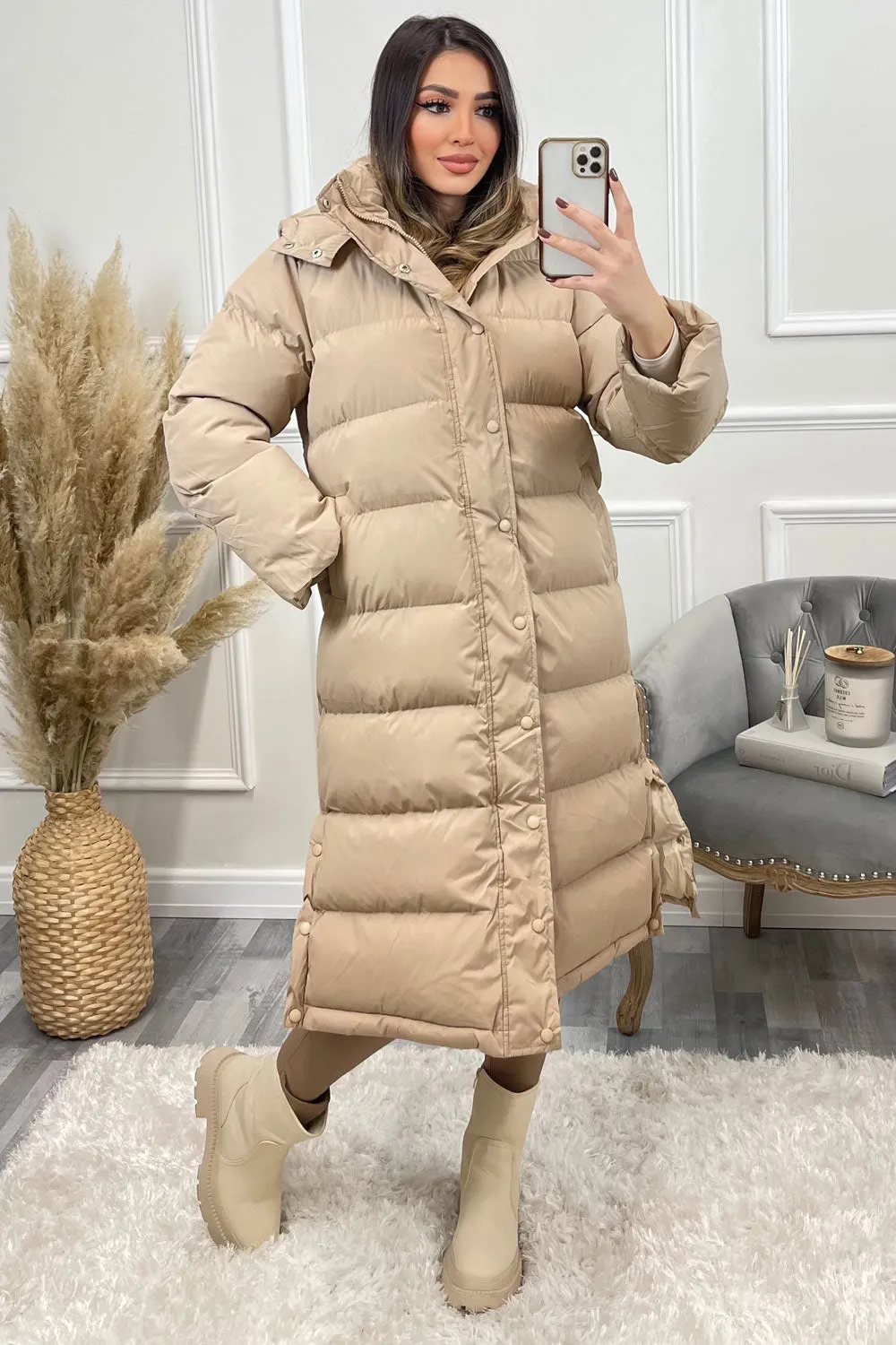 Lollie Beige Padded Button Up Hooded Longline Coat