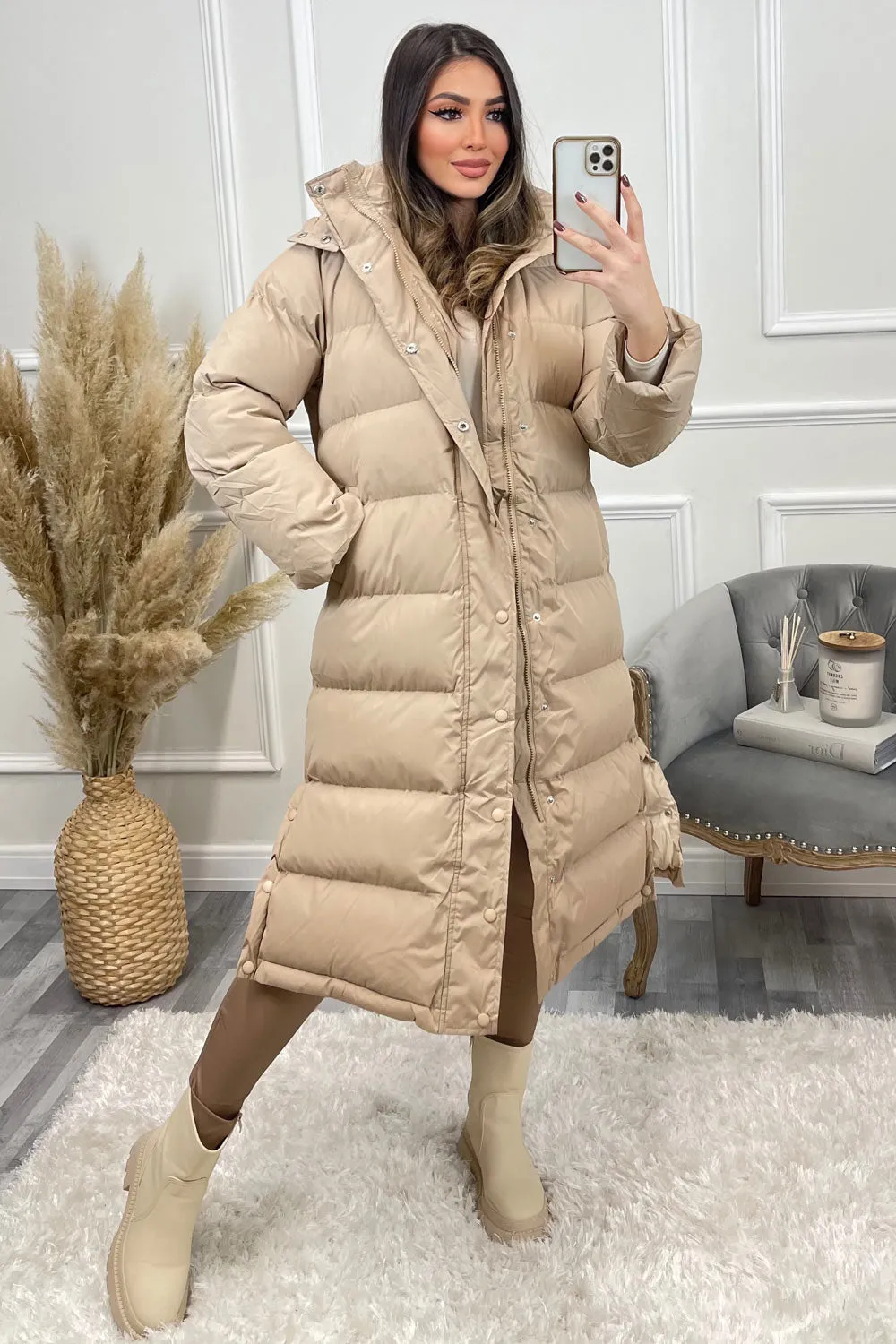 Lollie Beige Padded Button Up Hooded Longline Coat